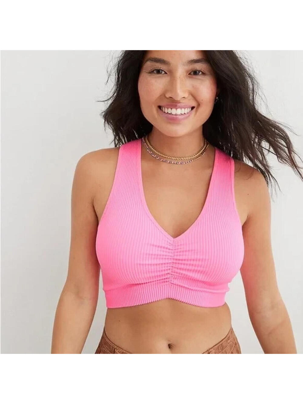 Aerie Ruched Front Seamless Bra Top Hot Pink Cropped Tank Bralette